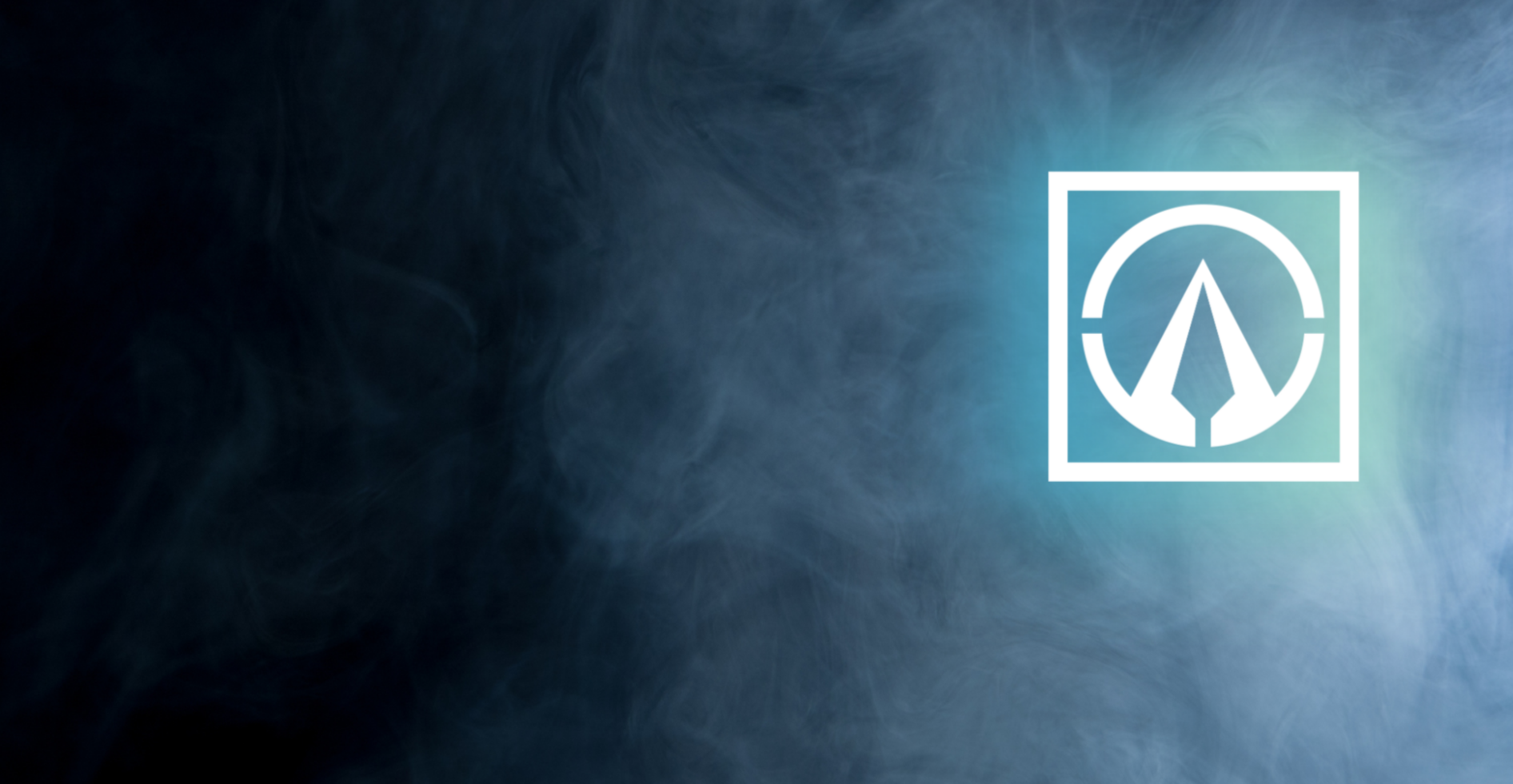 White logo on a dark blue smoke background